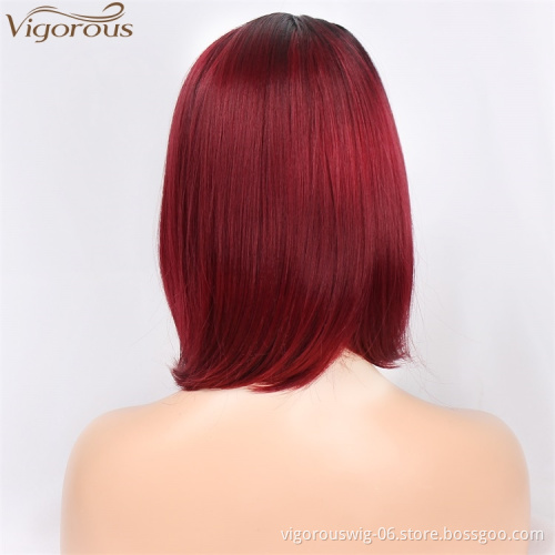 Vigorous 14inch Synthetic Side Part Natural Short Straight Hair Wigs for Black Women 2 Tone Ombre Red Heat Resistant Fiber Hair